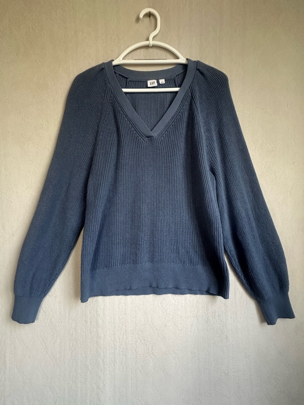 GAP Slate Duke Blue V-Neck Ribbed Pullover Sweater Sz L Balloon Sleeve Boho